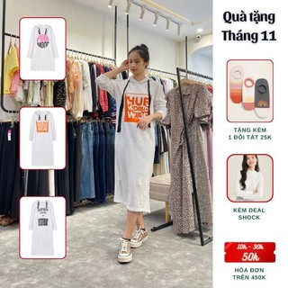 Váy hoodie dài váy nỉ dáng suông thu đông chất vải nỉ bông màu trắng freesize