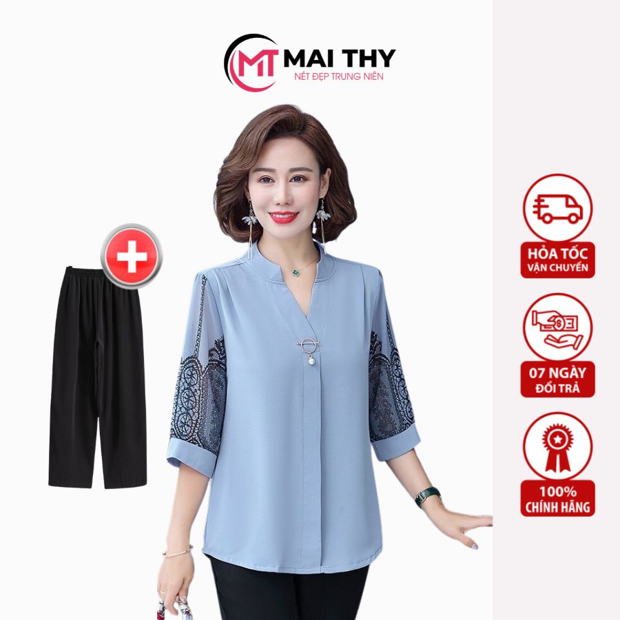 Set Quần Áo Trung Niên MAI THY S166, Mẫu Áo Kiểu Phối Quần Đũi Ống Suông Sang Trọng Lịch Sự | Thời Trang Trung Niên U50