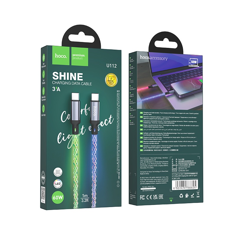 Dây cáp sạc nhanh HOCO. U112 LED 60W chuyển đổi USB C sang USB Type C PD 3A Type C cho Samsung Xiaomi 12 Poco Redmi