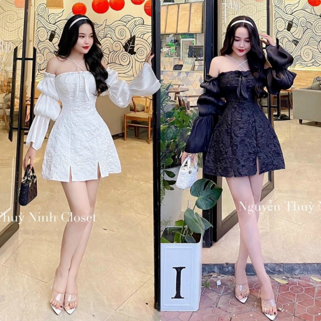 Đầm nữ trễ vai tay phồng dài dây chéo vai (có mút) thích hợp mặc đi chơi dự tiệc cực xinh