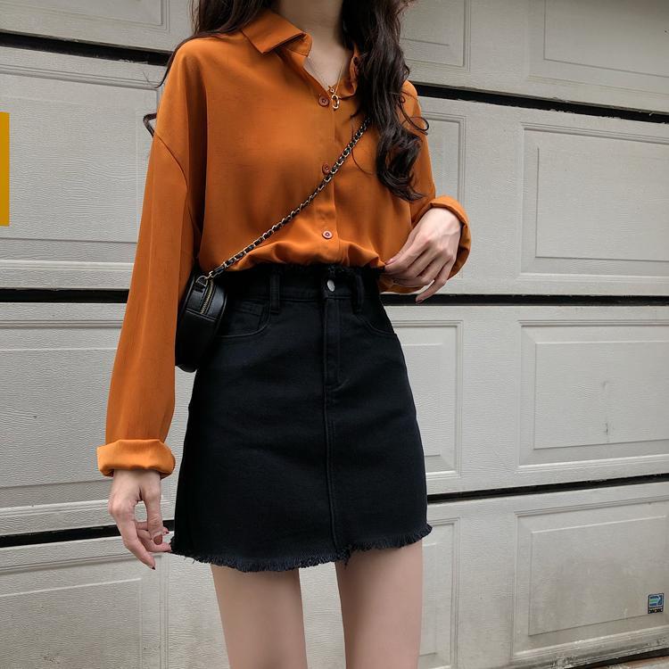 Chân Váy Denim Chữ A Lưng Cao Đơn Giản Theo Phong Cách Hàn Quốc Dành Cho Nữ