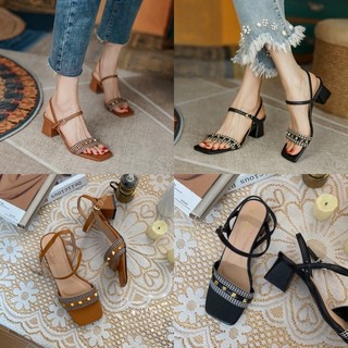 Giày sandal cao gót mũi vuông quai ngang kẻ sọc zizac phối đinh tán có bigsize 40 41 42 cho nàng ngoại cỡ - Toffly Shoes