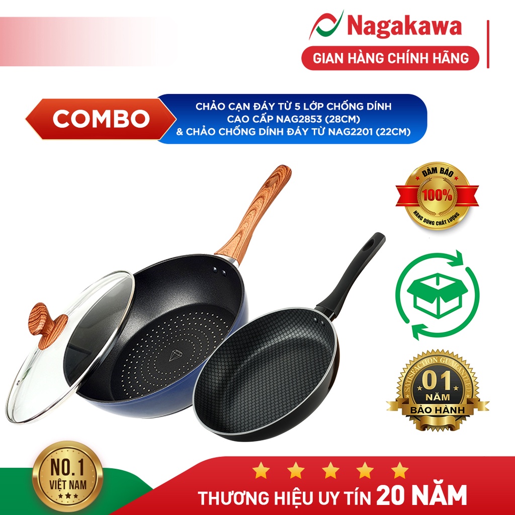 COMBO Chảo Sâu Lòng NAG2653 Đáy Từ 5 Lớp Chống Dính Nagakawa (26cm) và Chảo chống dính đáy từ Nagakawa NAG2201 (21cm)