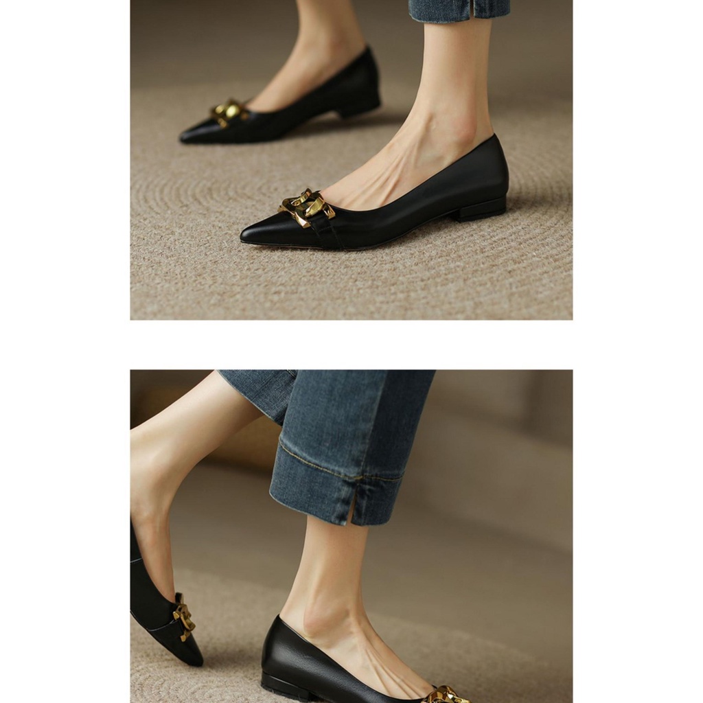 Giày Búp Bê Da Thật Mũi Nhọn Miệng Nông Phối Dây Xích Kim Loại Kiểu Pháp Dễ Phối