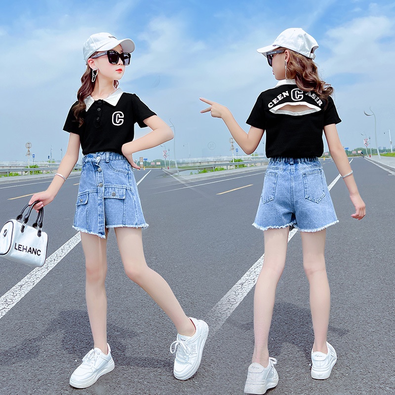 ATG31 Size 130-170 (25-45kg) Set bộ bé gái size đại (Áo thun và quần jean) Thời trang trẻ Em hàng quảng châu