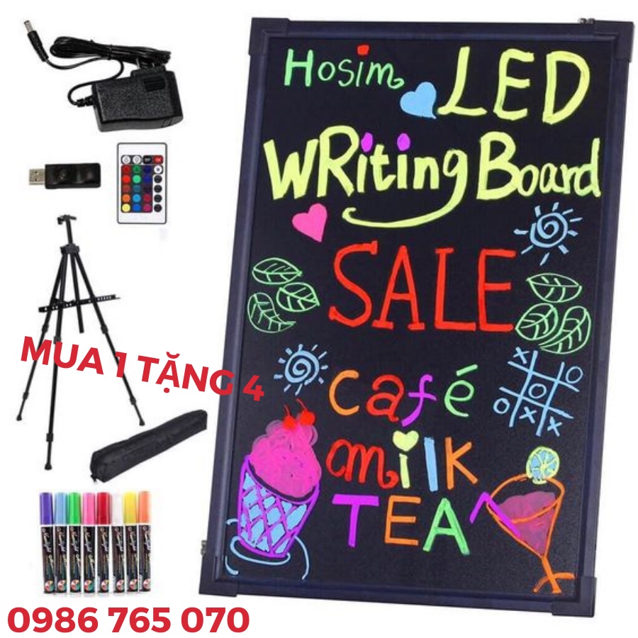 Bảng Led Huỳnh Quang Viết Tay, Bảng Viết Dạ Quang. Kt: 40x60cm, 50x70cm, 60x80cm (Tặng giá đỡ, 10 bút, điều khiển, v,v)