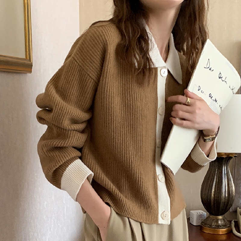 IELGY Áo Khoác cardigan Dệt Kim Dày Dặn Màu Sắc Tương Phản Phong Cách retro Cho Nữ
