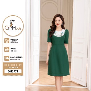 Đầm công sở CITI MODE FASHION thiết kế dáng A xanh phối cổ trắng thêu hoa DH3771