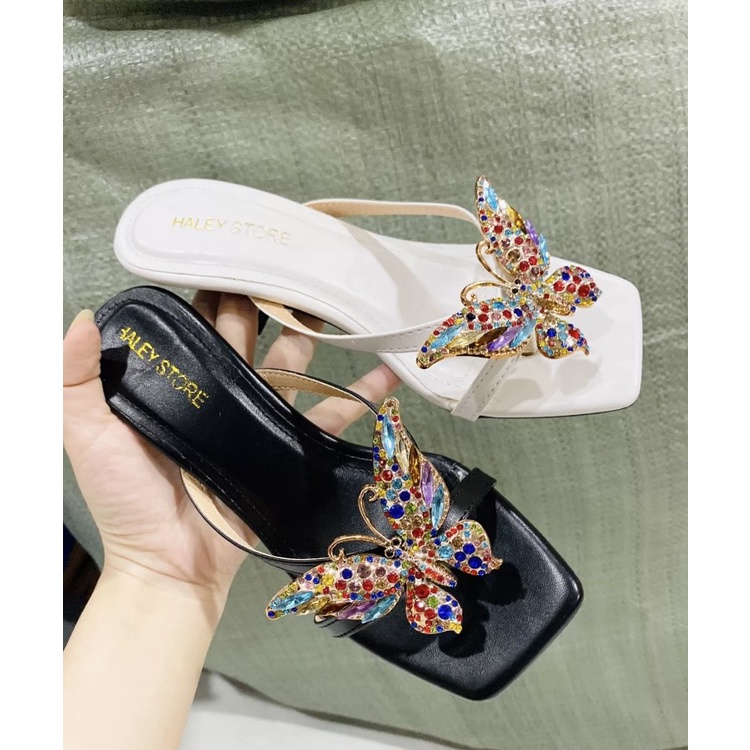 Guốc nữ gót nhọn mũi vuông quai dây tag bướm cao gót 5 phân bigsize G016