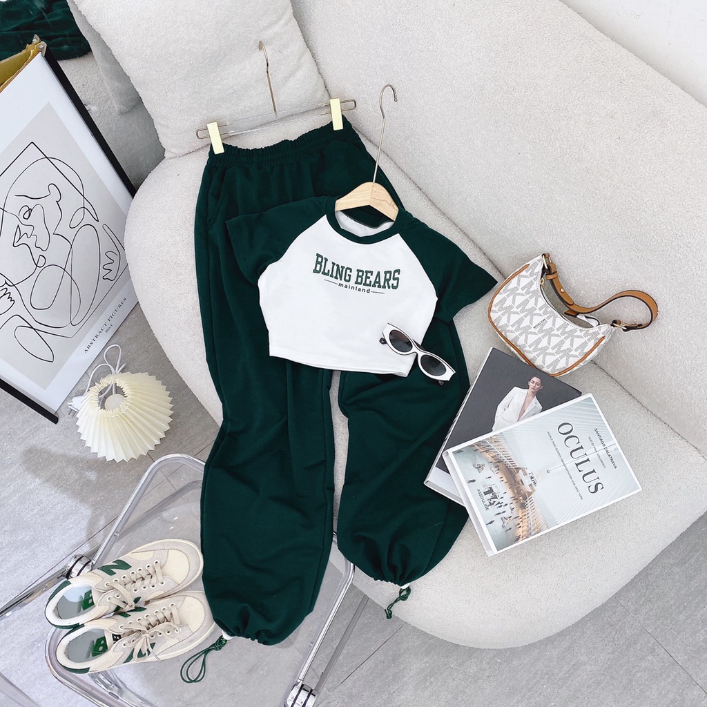 SET ÁO CROPTOP KEM TAY XANH + QUẦN XANH JOGGER ANGI HOME