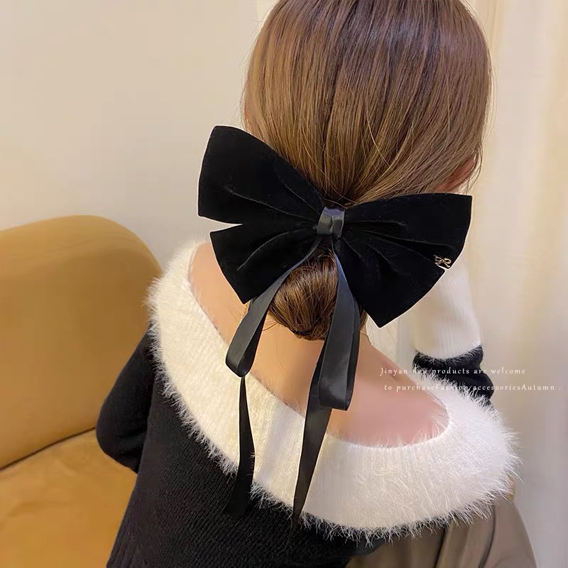 Kẹp Tóc Đính Nơ Vải Nhung Phong Cách Retro Thanh Lịch Cho Nữ