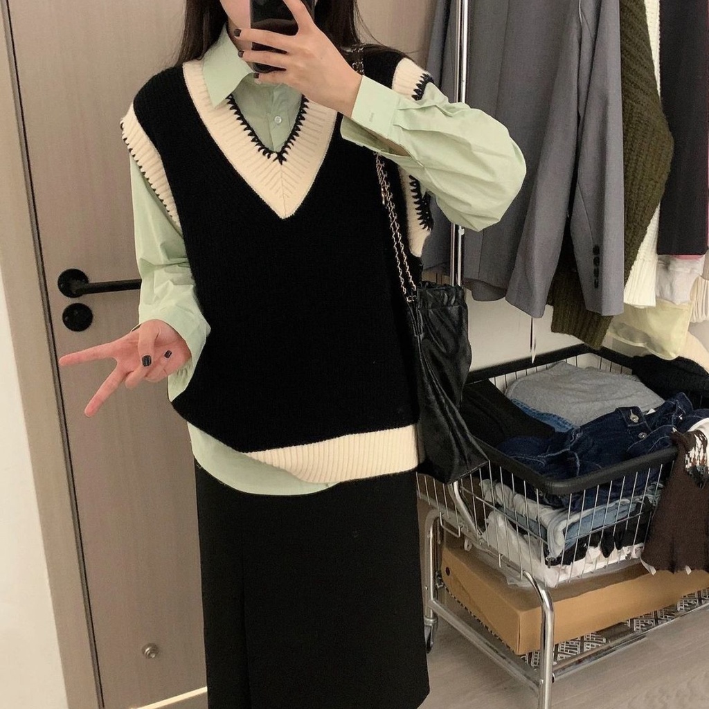 Bộ Áo Sơ Mi + Áo Khoác Vest Dệt Kim Thiết Kế Trẻ Trung Cá Tính