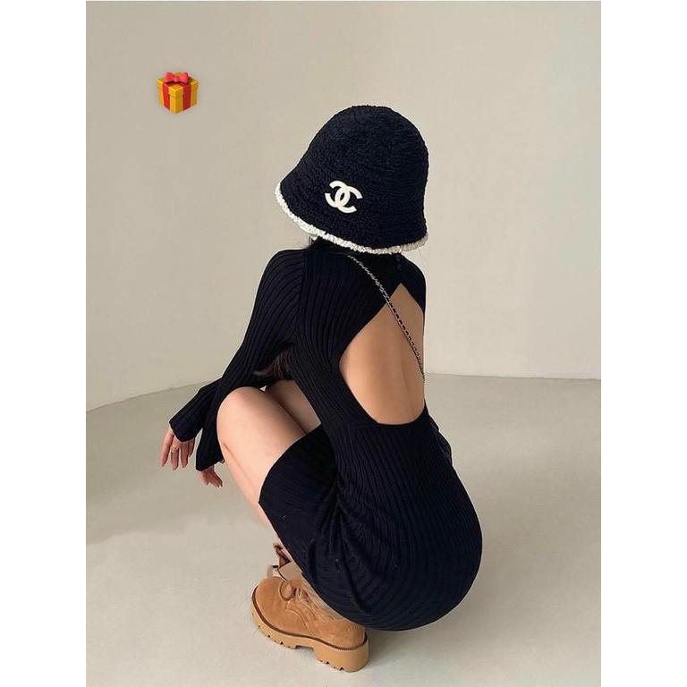 Đầm gân đũa tay dài ôm body hở lưng giọt nước cực hot , chất thun dày dặn