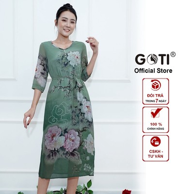 GOTI - Đầm Dự Tiệc Trung Niên Cao Cấp Dáng Dài Rộng Eo Che Bụng Tay Lỡ Cổ Tim Đính Hạt Châu Tặng Mẹ U50 U60 3352