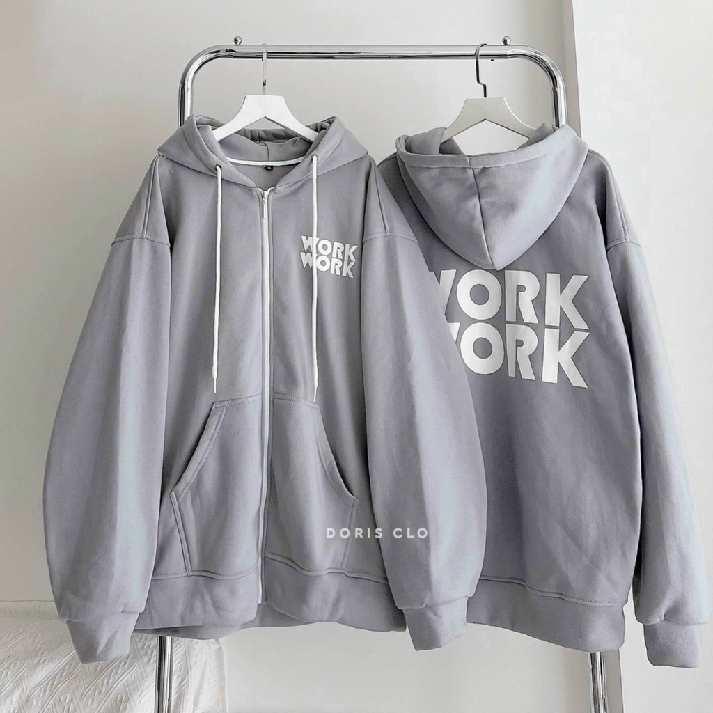 Áo Khoác Thun Nỉ Chữ WORK Có Nón Mũ 2 Lớp Nam Nữ Cặp Đôi - Kiểu Hoodie Có Khóa Kéo Zip - Thu Đông