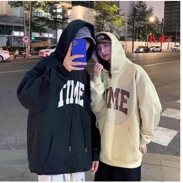 Áo hoodie TIME MŨ 2 LỚP Chất liệu nỉ bôngform thụng nam nữ kiểu dáng unisexcó túi bụng và dây rút mũ mùa đông