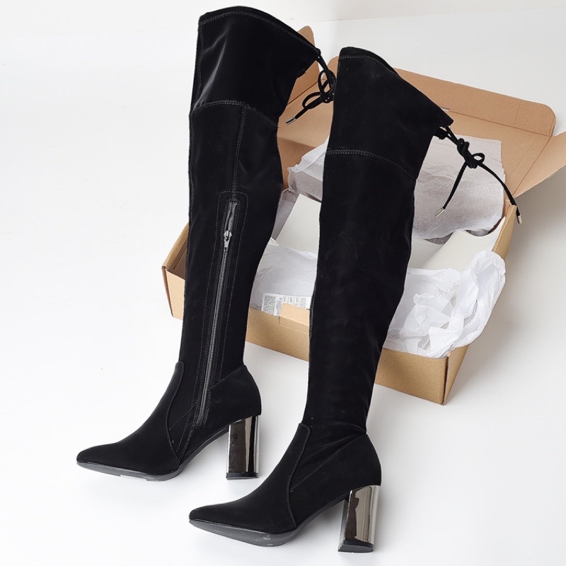 Boot da nhung đùi gót bọc kim loại Xuất Âu-ORD