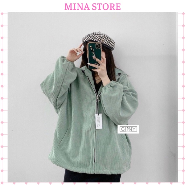 Áo khoác nhung tăm có nón form rộng – Áo khoác nhung tăm oversize phong cách hàn quốc – AKNT/nontron -Minastore