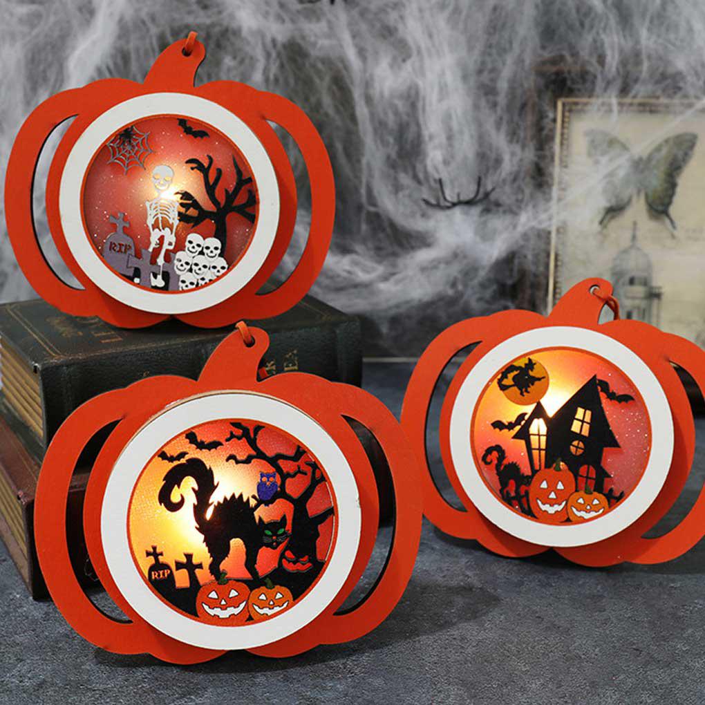 Đèn Trang Trí Halloween Hình Bí Ngô Bằng Gỗ Trọng Lượng Nhẹ Có Nút Điều Khiển