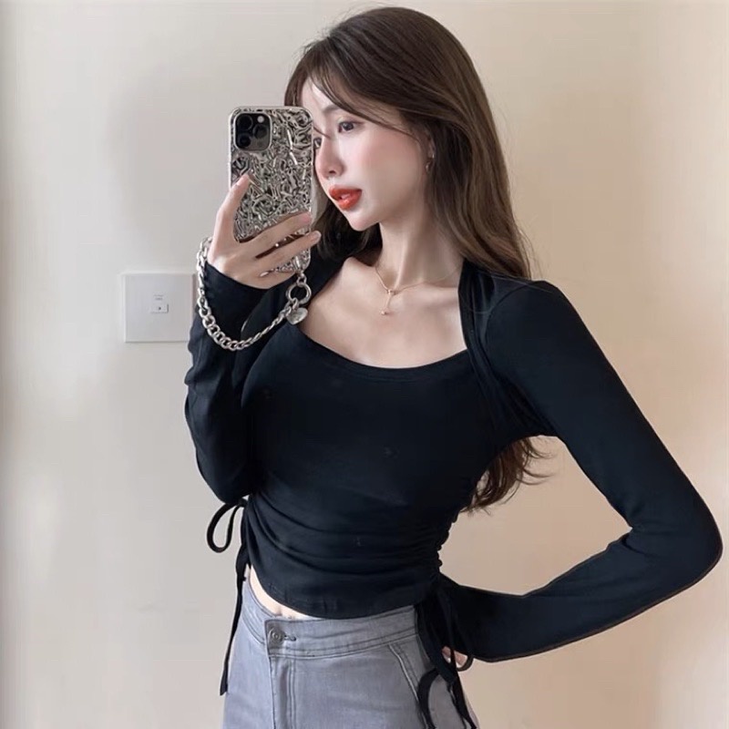 ÁO Thun Rút Dây Dài Tay Cổ Vuông Chất Thun Zip Áo Croptop Dáng Ôm Bassic Dây Rút Eo Phong Cách Retro Mã 755