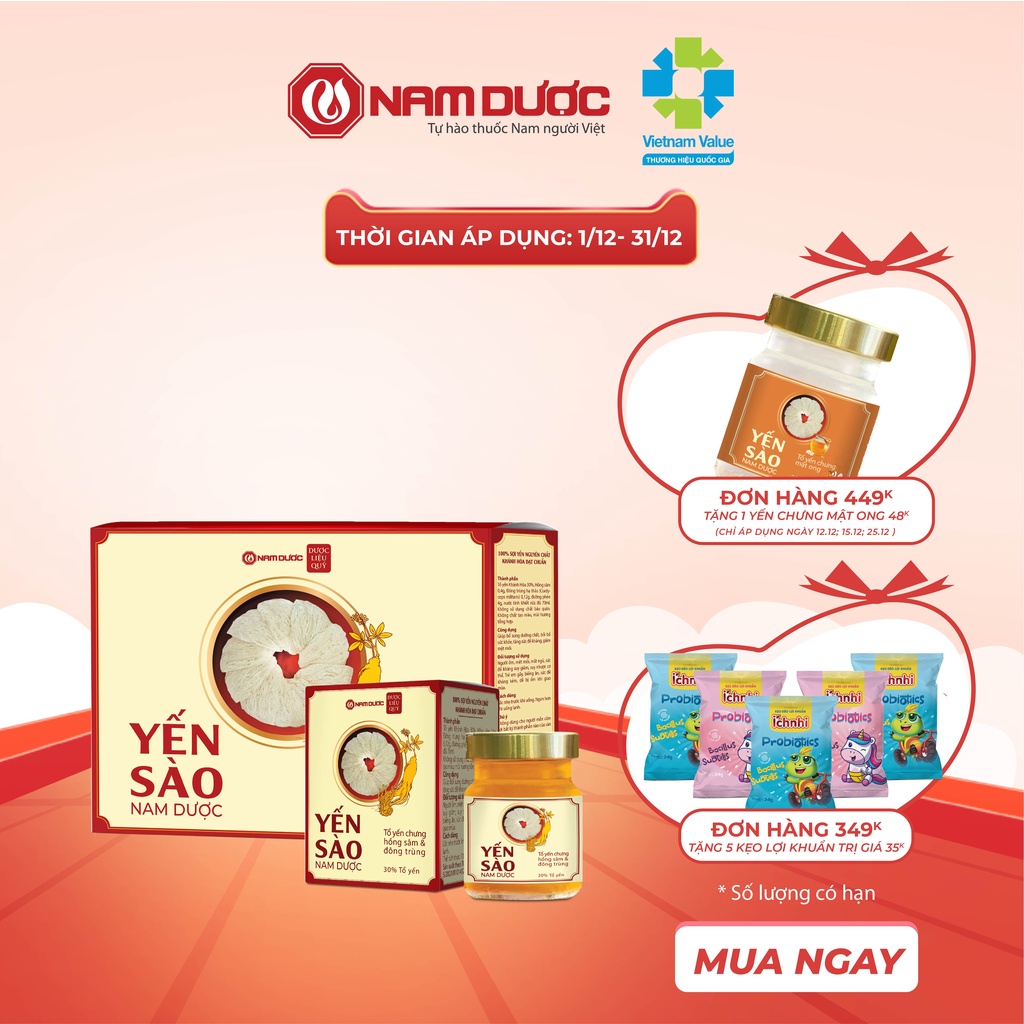 Set yến sào Nam Dược 6 lọ x 70ml tổ yến chưng hồng sâm,đông trùng bổ sung dưỡng chất,bồi bổ sức khỏe,tăng sức đề kháng