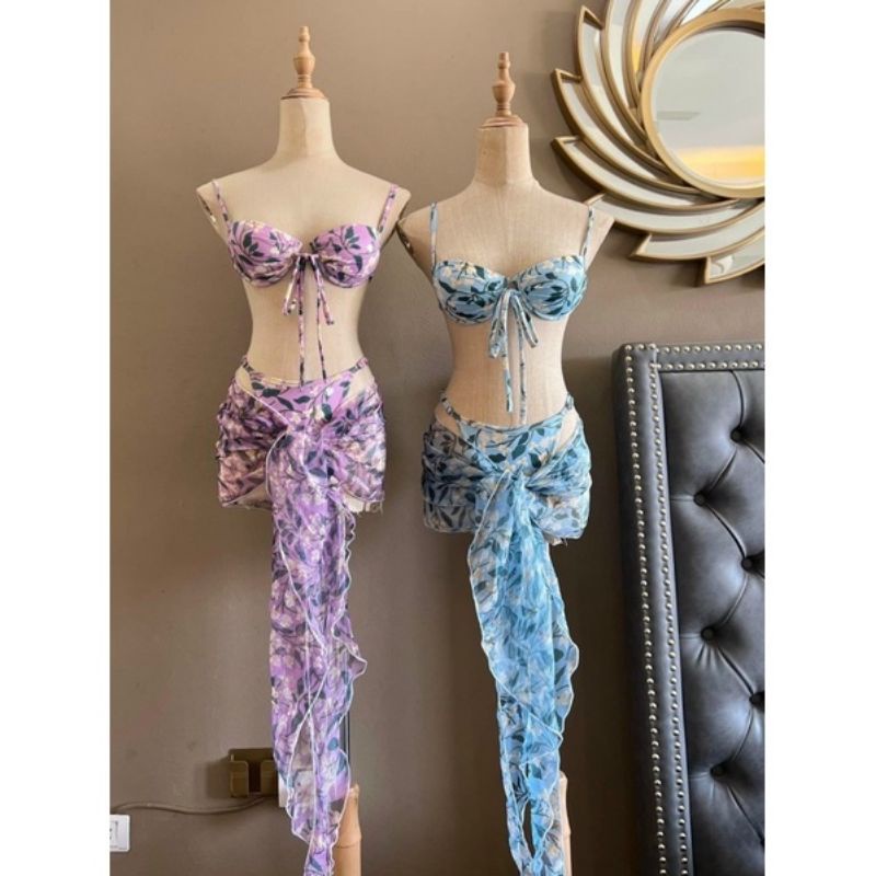 Bikini. Đồ bơi set 3 món kèm khăn quấn , họa tiết hoa nhí quyến rũ