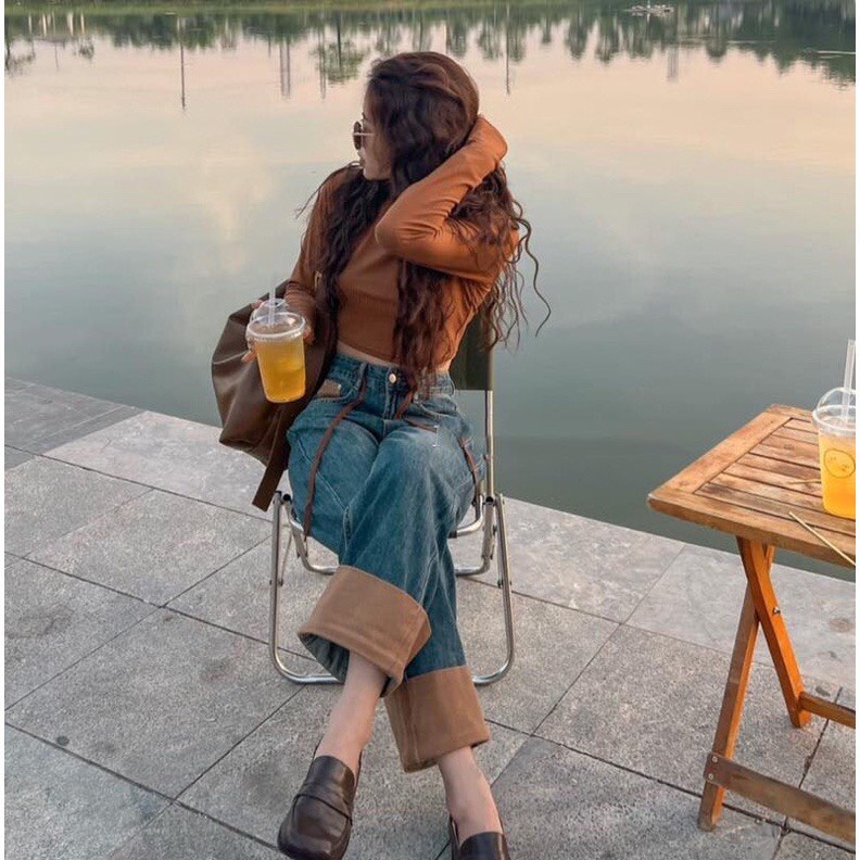 Quần bò jeans cạp cao vắn gấu phối màu nâu  QJ01