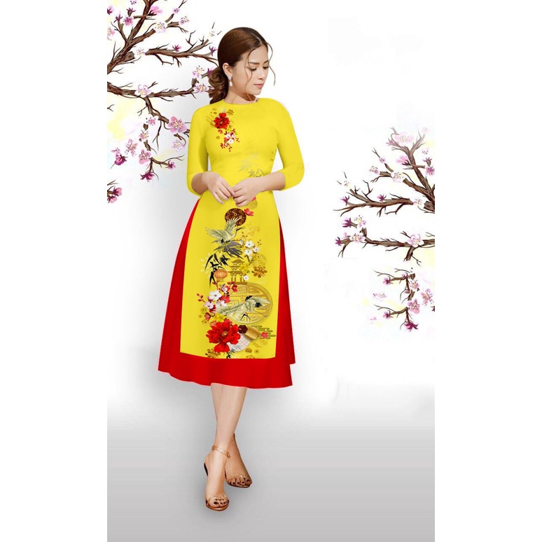 Áo dài cách tân - áo dài in hình hạt chất lụa la tinh mềm mịn co giản nhẹ