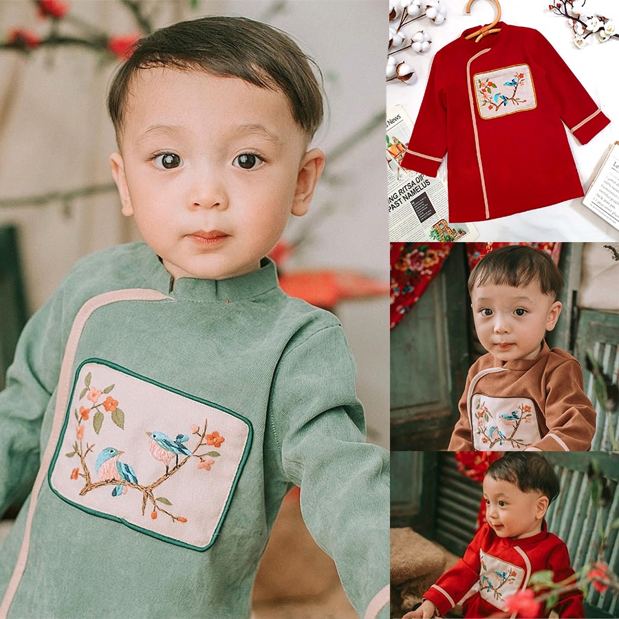 Áo dài cách tân thêu chim cho bé trai