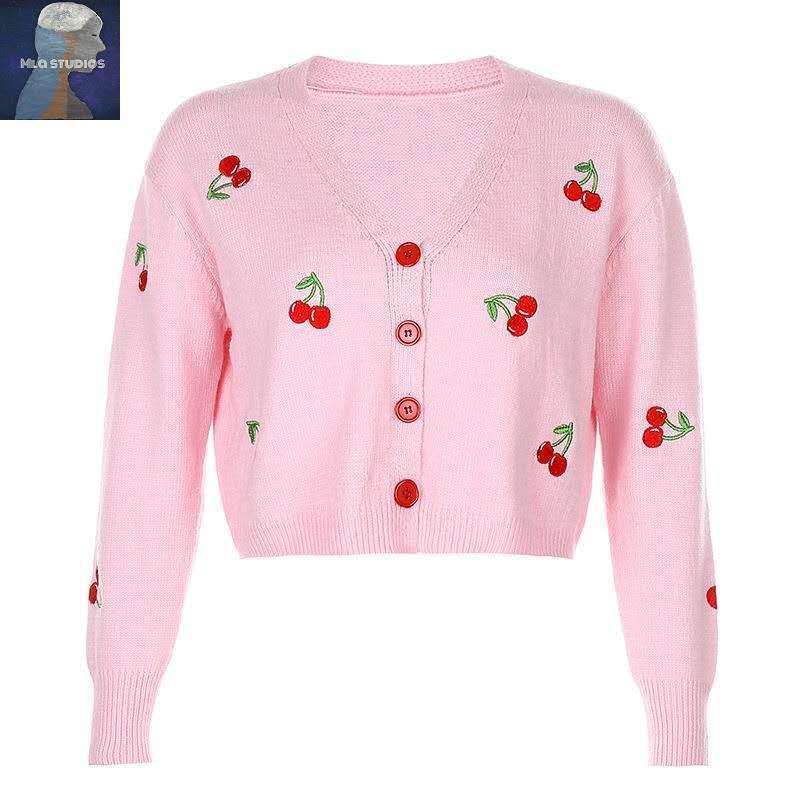 Áo Khoác Cardigan Dệt Kim Dáng Ngắn Tay Dài Màu Hồng Cherry Dễ Thương Thời Trang 2021 Cho Bạn Gái
