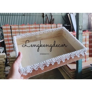 Hộp gỗ viền ren đựng quà Tết 20x30x7cm, khay gỗ quà Tết, khay decor
