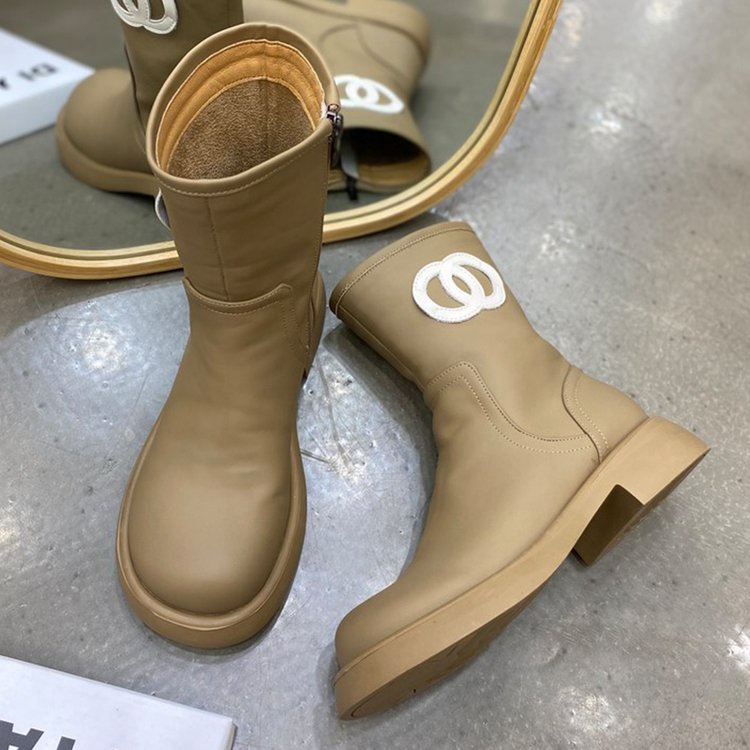 Giày Bốt Lót Lông Cừu Cổ Thấp Mũi Tròn Phối Khóa Kéo Bên Hông Ấm Áp Thoải Mái Thời Trang