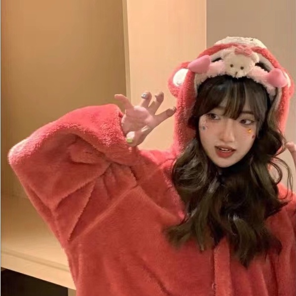 Set 2 món đồ ngủ láo ngủ gấu dâu Lotso màu hồng cute đáng yêu nỉ lông dài