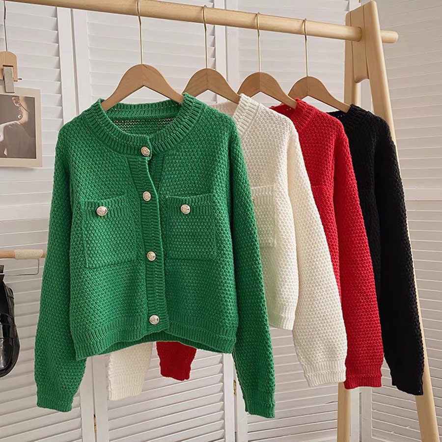 Áo Cardigan Len Cổ Tròn 2 Túi Cúc Viền Ngọc Hàng Quảng Châu M821-Teen 888