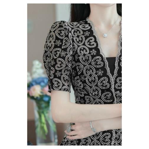 Hàng nhập - Đầm dáng xòe ren hoa cổ V trễ tay phồng, váy dự tiệc form ngắn trẻ trung NN0311