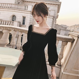 Đầm dự tiệc màu đen phong cách retro hàn quốc cho nữ