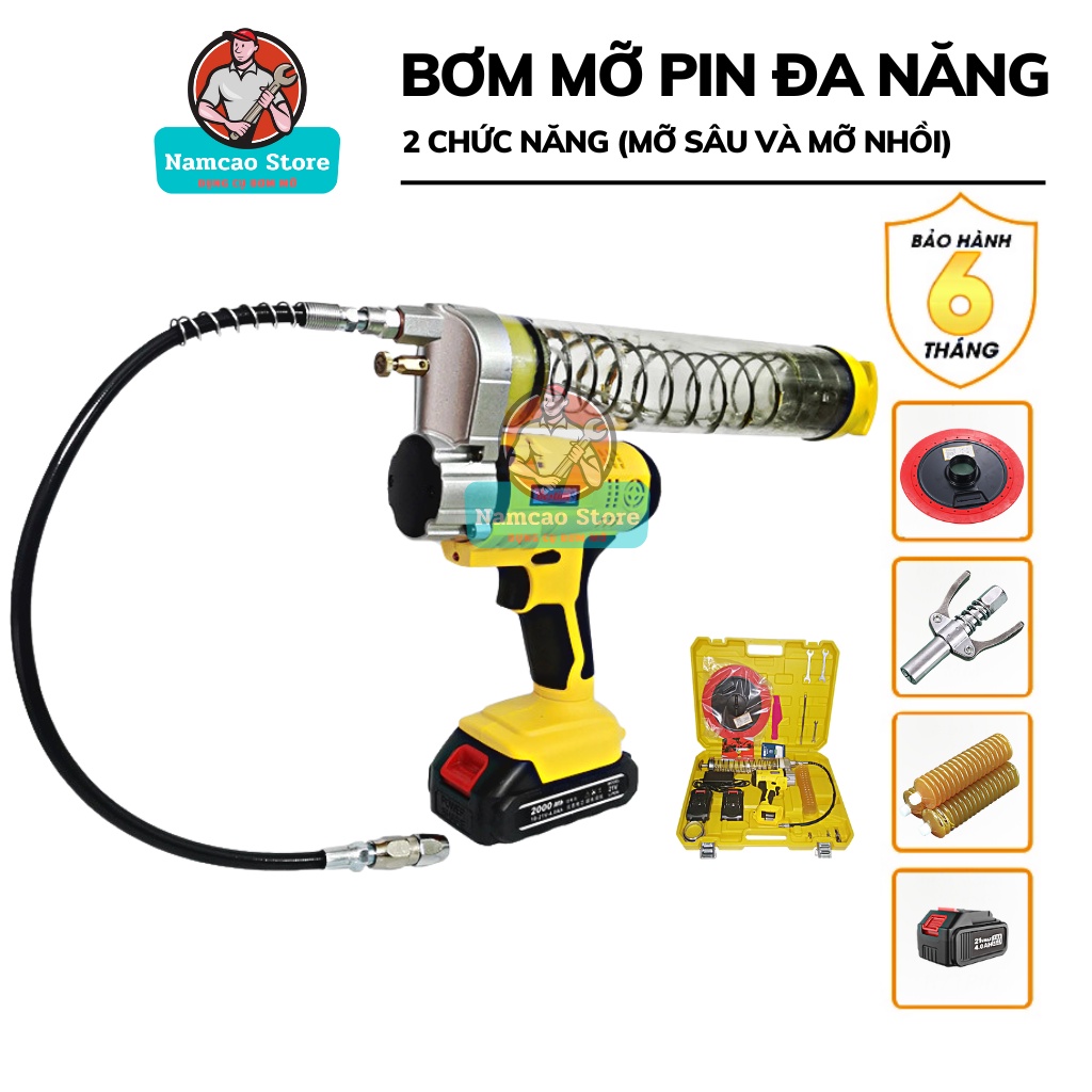 Súng bơm mỡ pin 2 chức năng dùng cho mỡ sâu và mỡ nhồi dụng cụ bơm mỡ bôi trơn điện dung tích 600cc