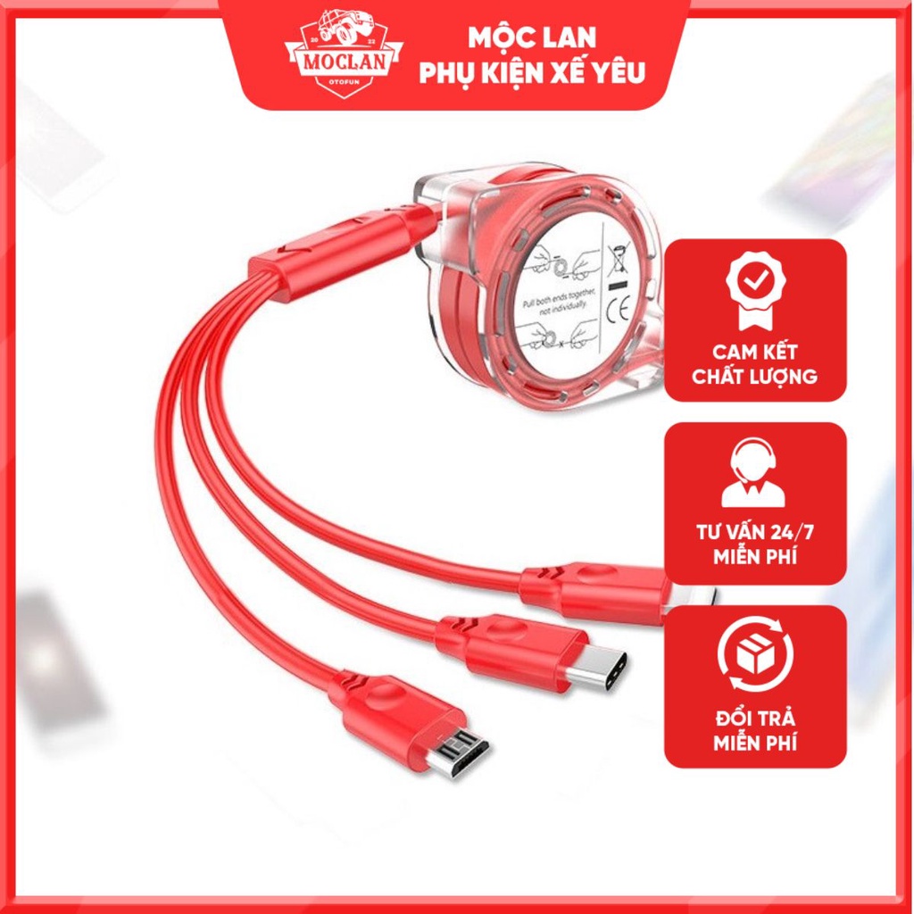 Cáp Sạc 3 Đầu 🌸FREESHIP🌸 Dây Sạc Rút Gọn Đa Năng, Sạc Nhanh Tiện Dụng