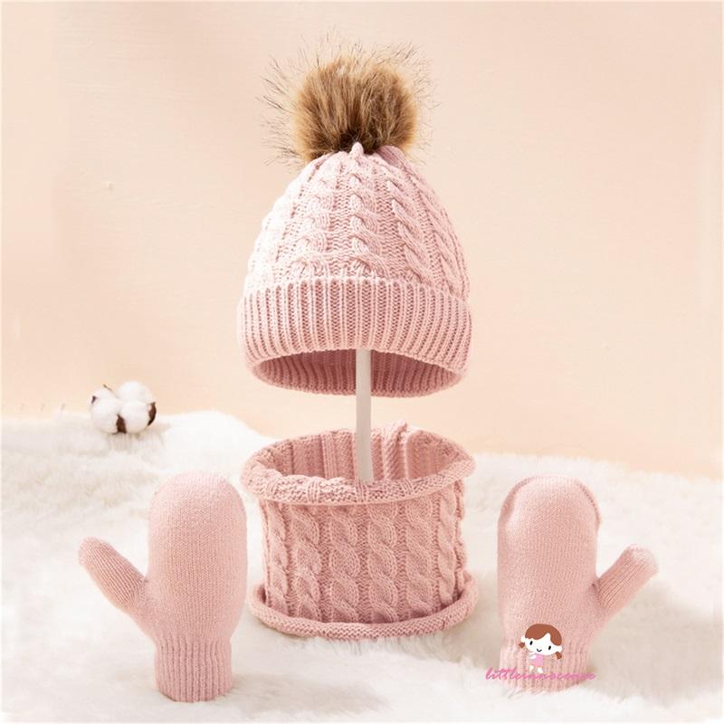 Set Mũ + Găng Tay + Khăn Choàng Cổ + Găng Tay Dệt Kim Giữ Ấm Mùa Thu Đông Cho Bé