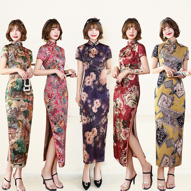 Sườn Xám Cách Tân Dáng Dài Vải Satin Phong Cách Trung Hoa