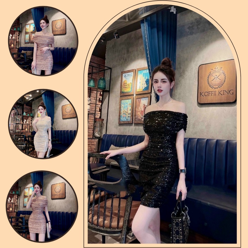 Đầm váy nữ trễ vai ôm body chất kim sa quyến rũ thời tang dành cho nữ ( có mút ngực )