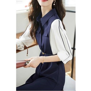 Đầm Giả Hai Mảnh Họa Tiết Kẻ Sọc Màu Tương Phản Thời Trang Mùa Thu 2022 Dành Cho Bạn Nữ