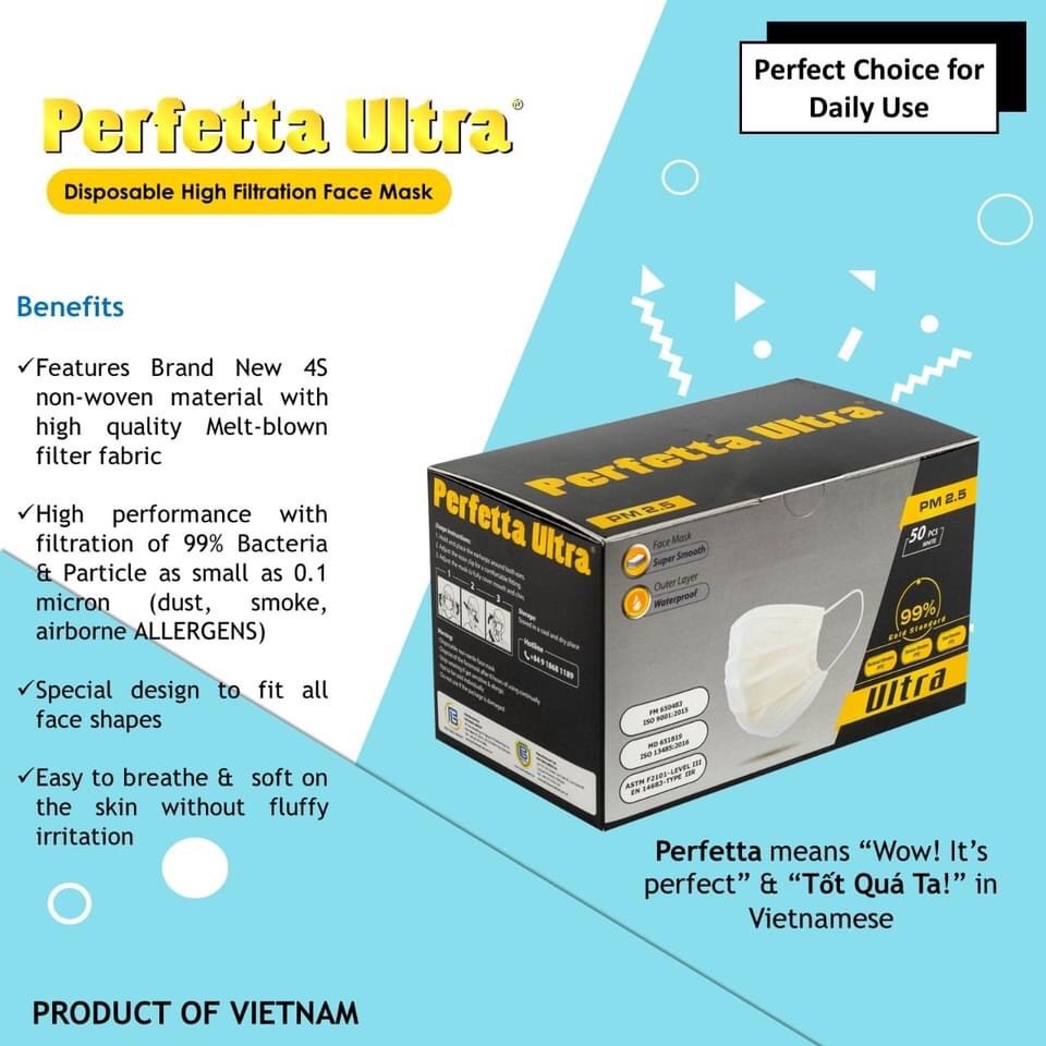 Khẩu Trang Y Tế Cao Cấp Perfetta Ultra PM 2.5 ngăn bụi mịn,siêu mềm mượt,chống thấm nước,chống khuẩn (1 hộp 35 cái )