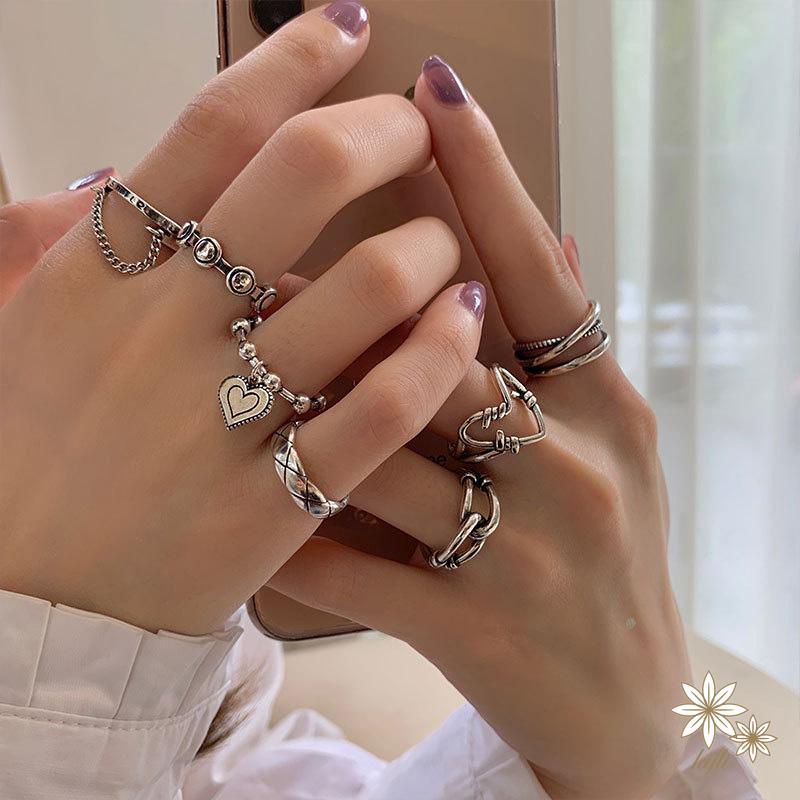 Bộ 7 Nhẫn Hình Học / Trái Tim Đính Đá Phong Cách Punk Hiphop Thời Trang Có Thể Điều Chỉnh