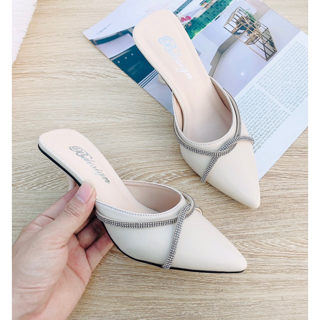 Giày Cao Gót Mũi Nhọn Quai Đính Đá Da Lỳ Gót Đồng 5 Phân, Sang Chảnh, Nữ Tính