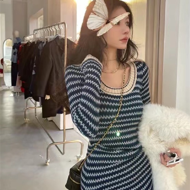 SUXI Đầm Dệt Kim Dáng Ôm In Kẻ Sọc Màu Sắc Cổ Điển Thời Trang Thu Đông Xinh Xắn Cho Nữ