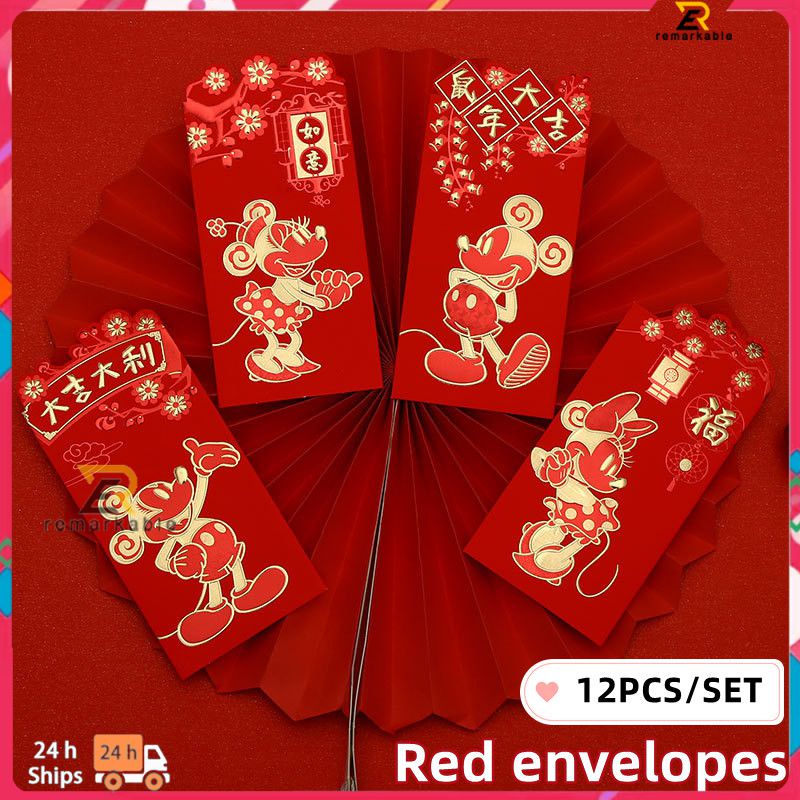 Sẵn Sàng Cổ 12 Chiếc Hoạt Hình Mickey Năm Mới Ốp Lưng Đỏ 3d Hoạt Hình Dễ Thương Đỏ Túi Năm Mới May Mắn Của Gói Tin