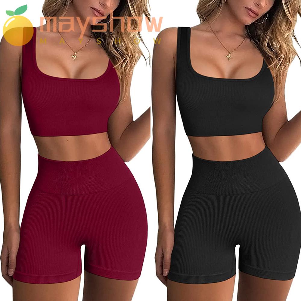 Bộ Trang Phục Thể Thao 2 Món Gồm Áo Ngực + Quần Short Lưng Cao Không Đường May Thời Trang Cho Nữ