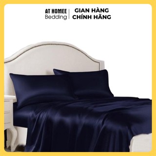 (Hàng LOẠI 1 - Không Nối Vải) Bộ 4 Món Ga Gối Phi Lụa Thương hiệu AT HOME Mát Mịn  - Màu Xanh Đen