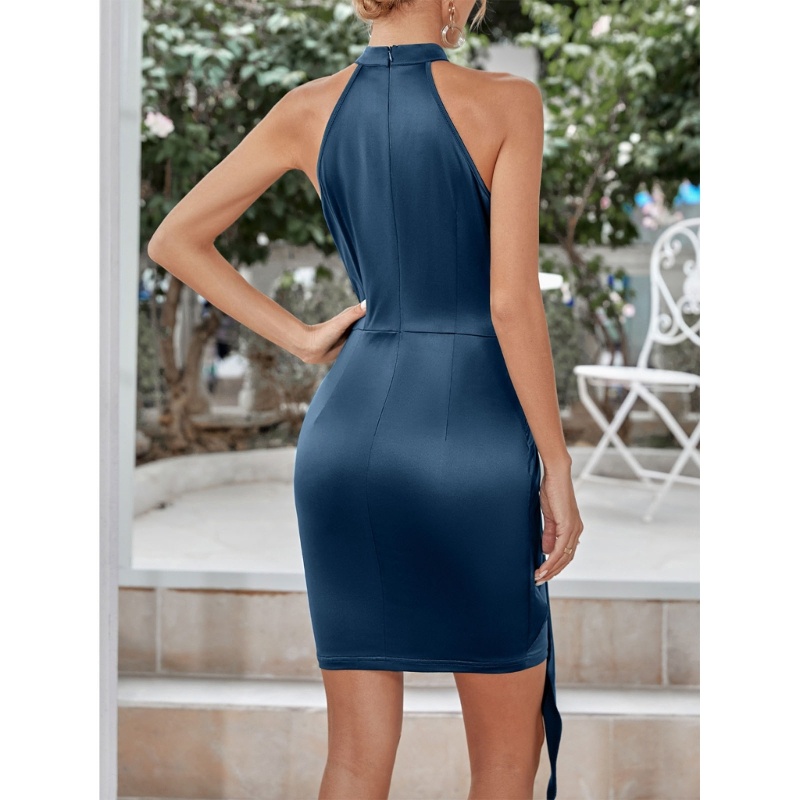 Xiangbao Đầm Mini Ôm Dáng Không Tay Thắt Nơ Eo Bằng Satin Màu Trơn Gợi Cảm Cho